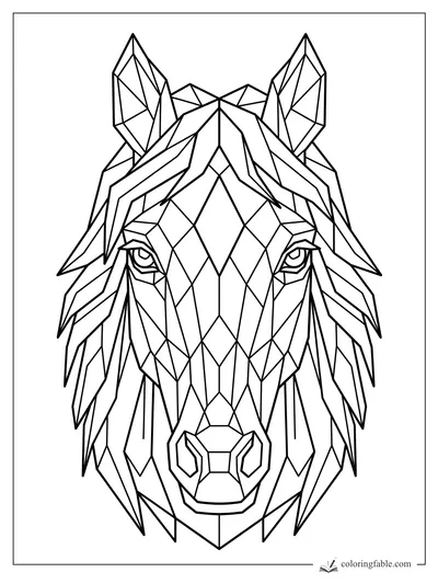 Geometric horse head coloring page with pointed ears, calm eyes, and angular mane sections