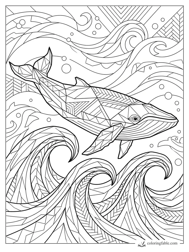 Intricate geometric humpback whale swimming through curling patterned waves and bubbles