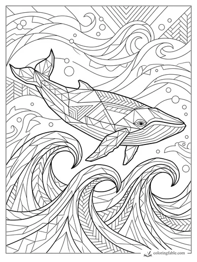 Intricate geometric humpback whale swimming through curling patterned waves and bubbles