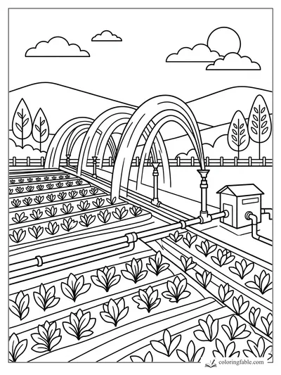 Geometric farm coloring page with arched irrigation pipes, crop rows, pump box, hills, sun, clouds, and fence.