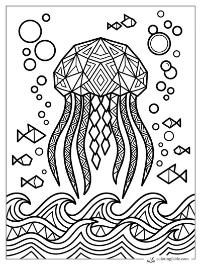 Geometric jellyfish with patterned tentacles, bubbles, small fish, and bold wave designs below.
