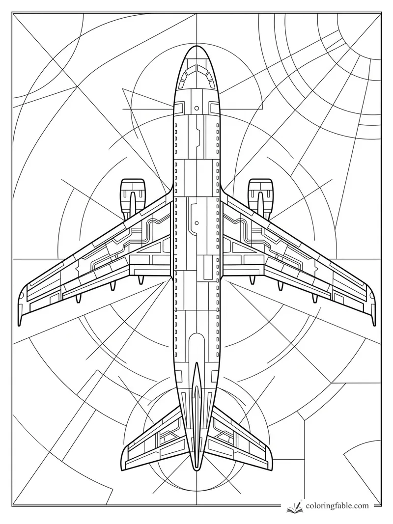 Top-down geometric jet airplane with patterned wings, engines, and circular flight-path lines