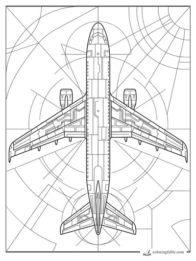 Top-down geometric jet airplane with patterned wings, engines, and circular flight-path lines