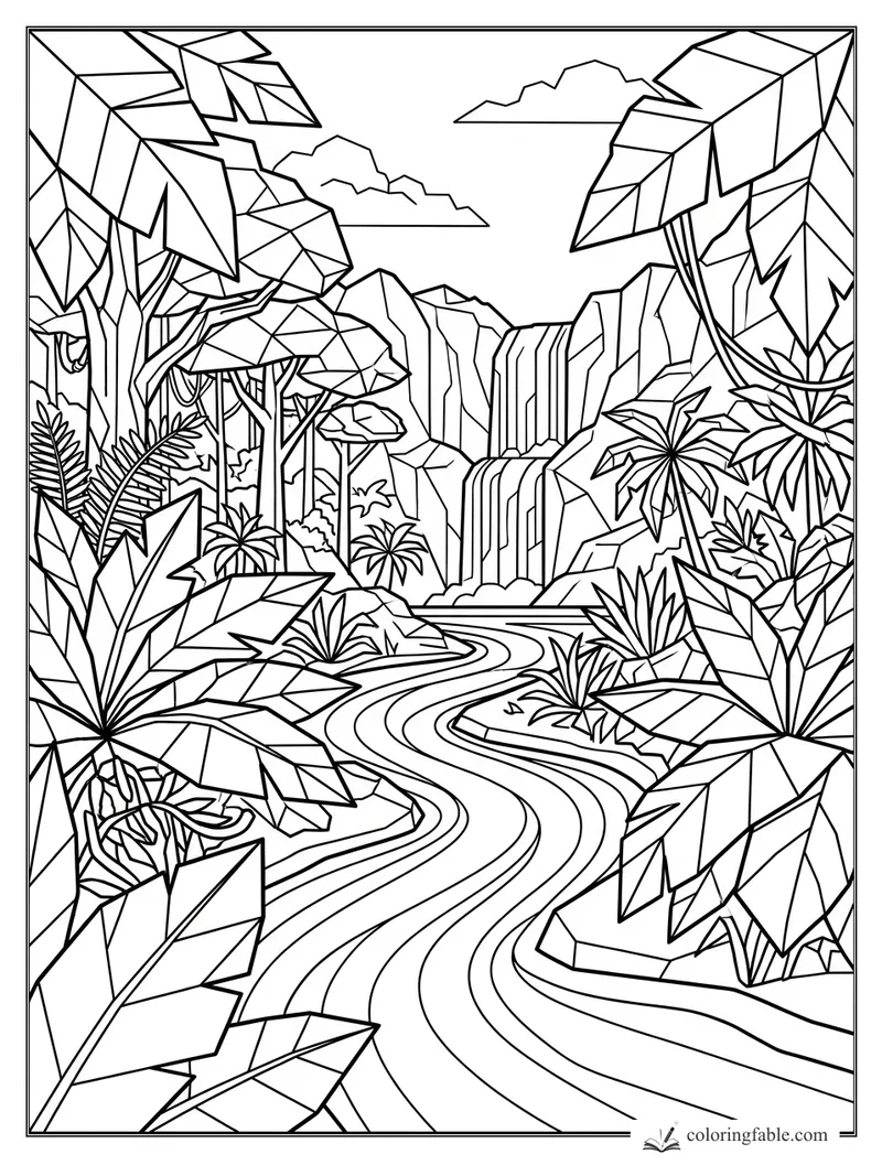 Geometric jungle landscape with winding river, tall leaves, cliffs, clouds, and a waterfall