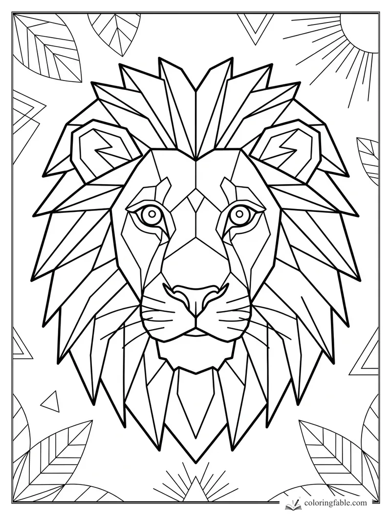Geometric lion face with angular mane, bright eyes, leaves, triangles, and sun rays to color
