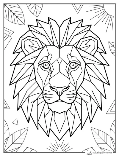 Geometric lion face with angular mane, bright eyes, leaves, triangles, and sun rays to color