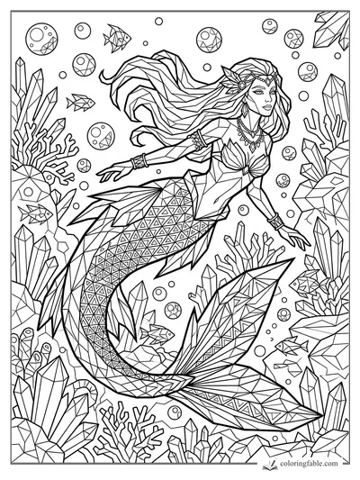 Geometric mermaid with flowing hair, jeweled crown, crystal tail, fish, bubbles, coral, and pointed reef crystals.