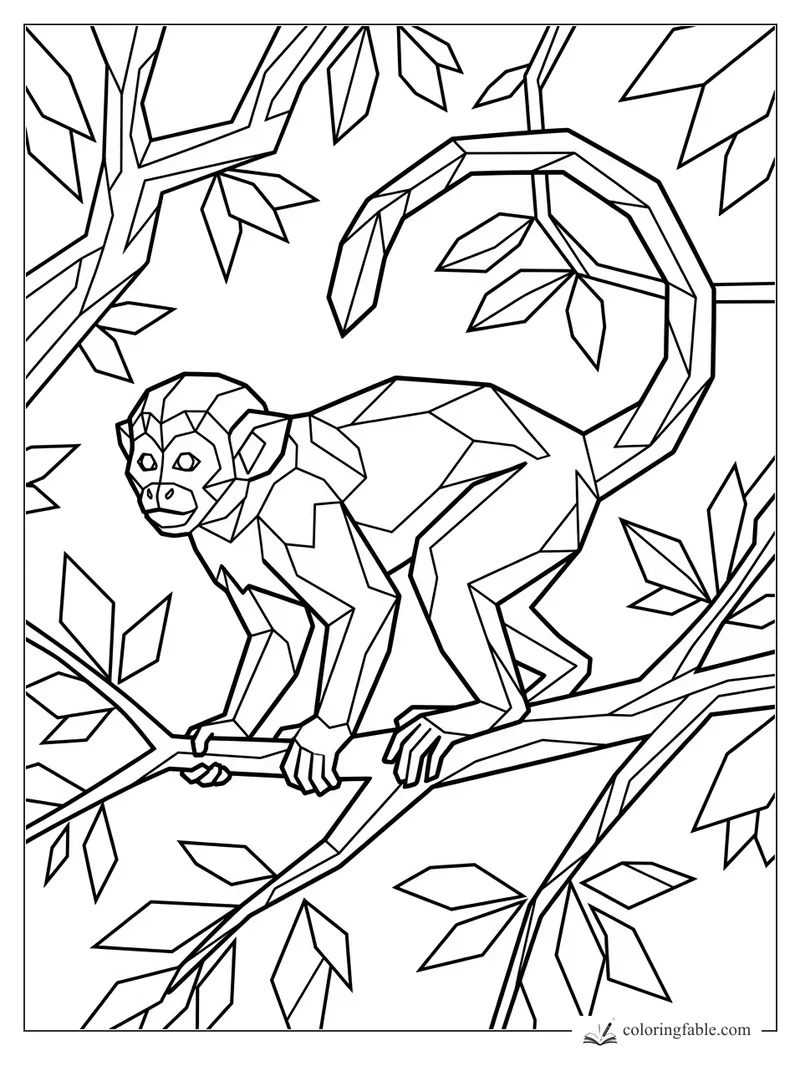 Geometric monkey standing on a branch with a curled tail and angular jungle leaves
