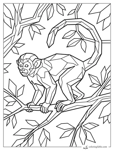 Geometric monkey standing on a branch with a curled tail and angular jungle leaves