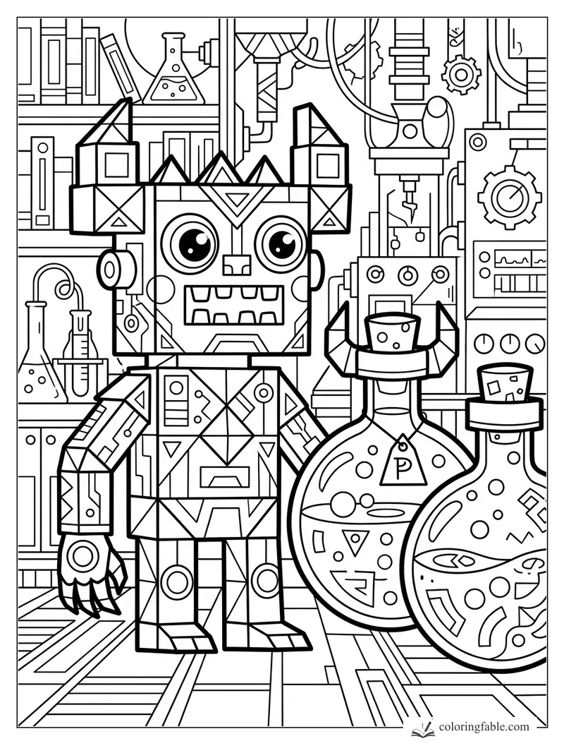 Geometric cute monster with big eyes standing among bubbling flasks, gears, books, and lab machines.