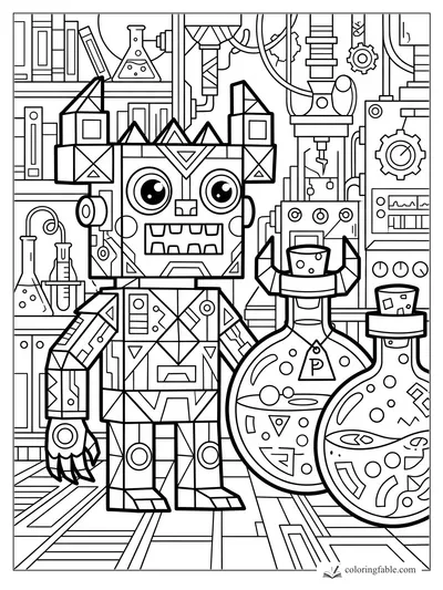 Geometric cute monster with big eyes standing among bubbling flasks, gears, books, and lab machines.