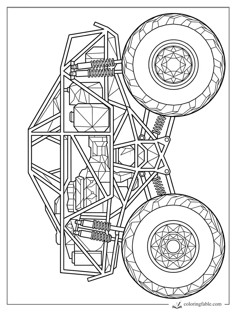 Intricate geometric monster truck coloring page with huge tires, roll cage, shocks, and faceted panels