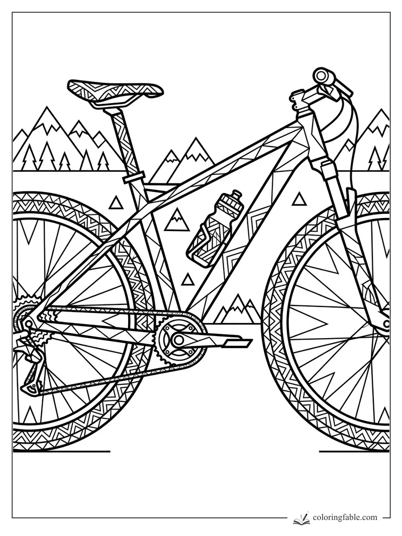 Intricate geometric mountain bike with patterned tires, water bottle, handlebar roll, and sharp alpine peaks.