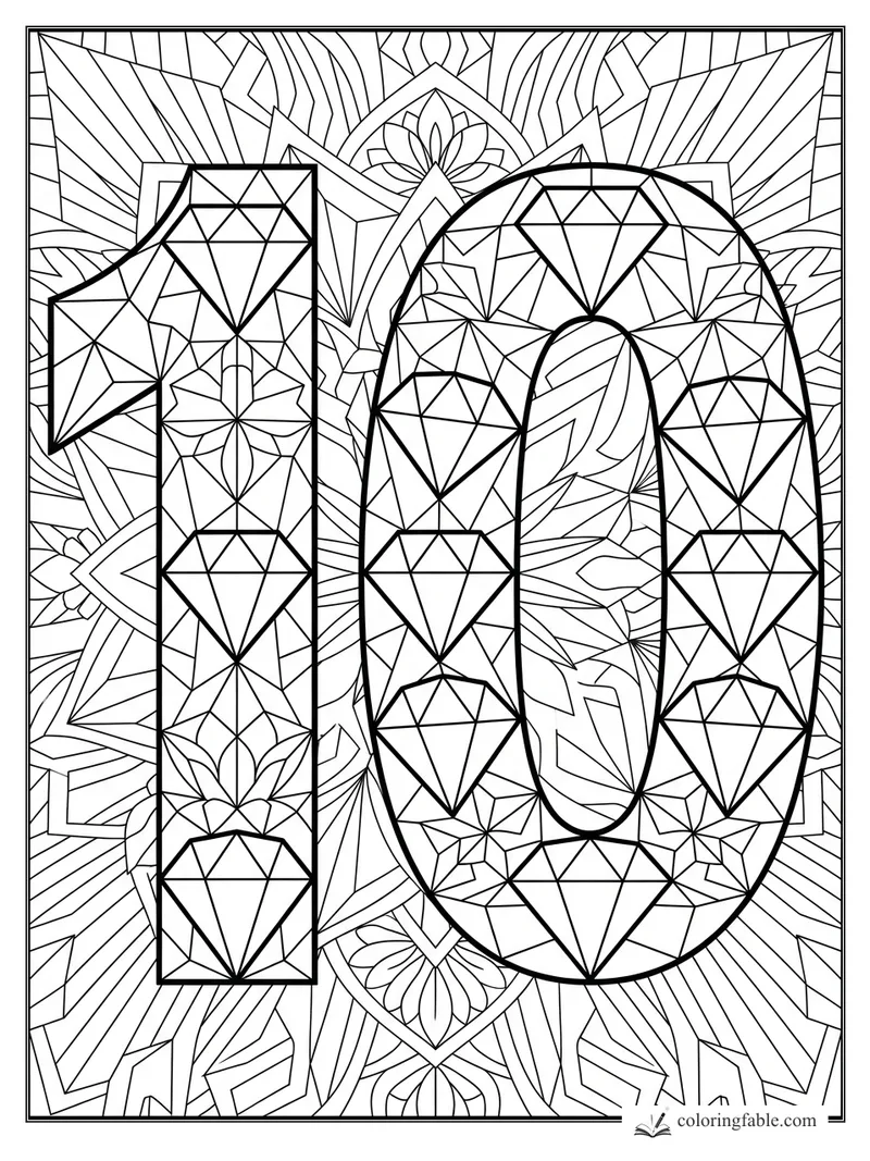 Intricate geometric number 10 coloring page with diamond facets, floral shapes, and striped mandala background
