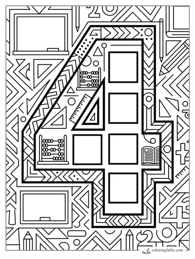 Geometric number 40 coloring page with abacuses, rulers, pencils, triangles, and classroom frames