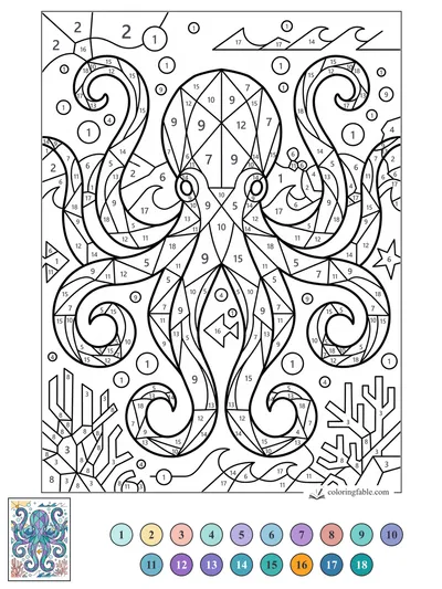 Geometric Octopus with Curling Tentacles — color by number