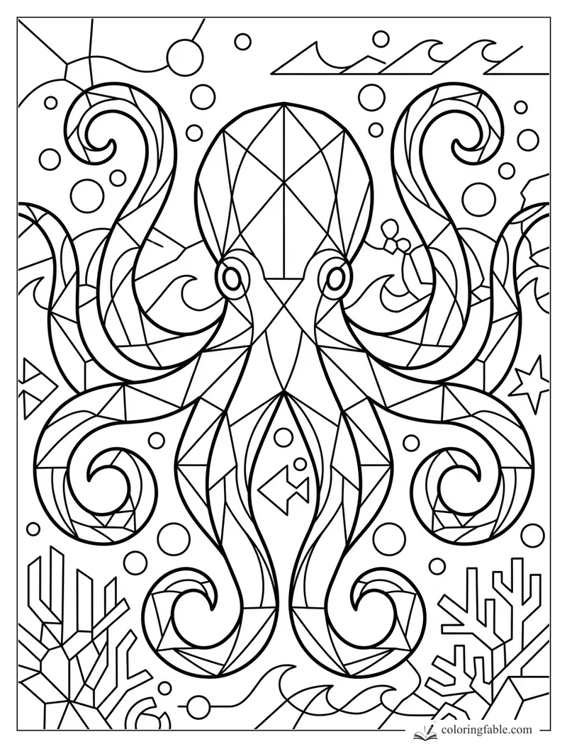 Geometric octopus coloring page with curling tentacles, bubbles, waves, fish, and coral shapes.