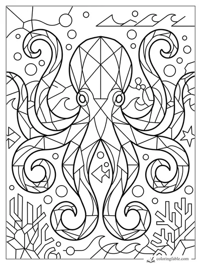 Geometric octopus coloring page with curling tentacles, bubbles, waves, fish, and coral shapes.
