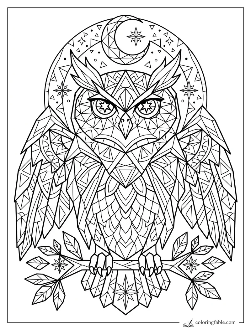 Intricate geometric tattoo owl with crescent moon, stars, leaves, and faceted feathers