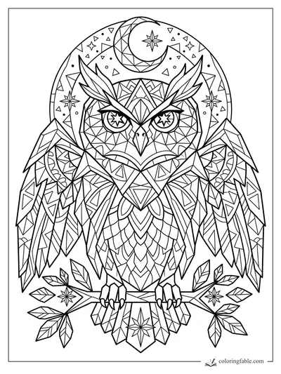 Intricate geometric tattoo owl with crescent moon, stars, leaves, and faceted feathers