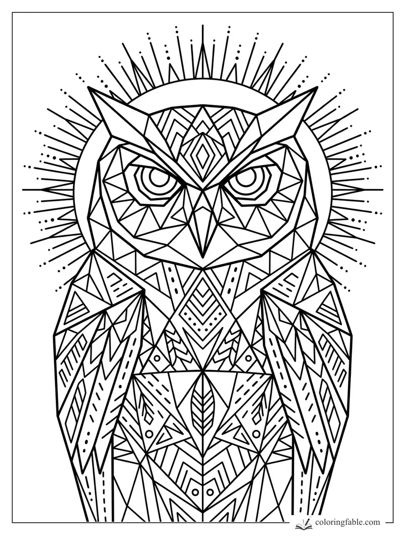 Intricate geometric owl with sharp eyes, folded wings, mandala chest, and sunburst crown lines.