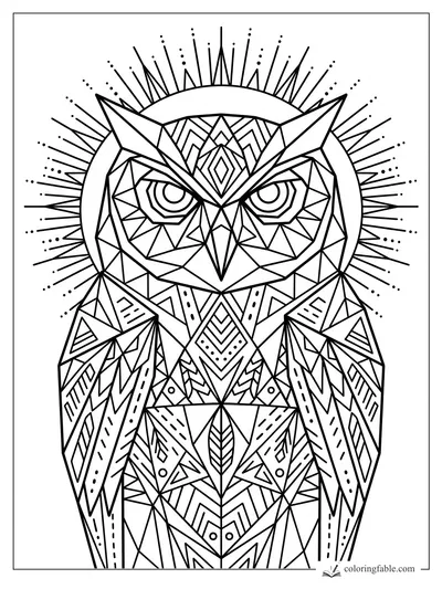 Intricate geometric owl with sharp eyes, folded wings, mandala chest, and sunburst crown lines.