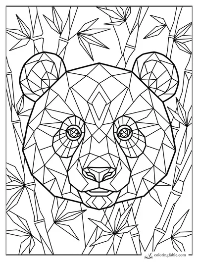 Intricate geometric panda face framed by sharp bamboo stalks and faceted leaves