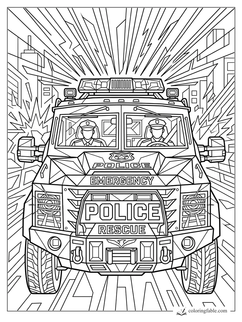 Intricate geometric police rescue truck with two officers, rooftop lights, and city speed lines