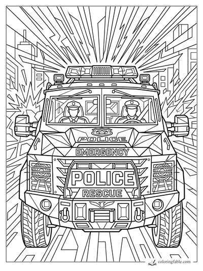 Intricate geometric police rescue truck with two officers, rooftop lights, and city speed lines