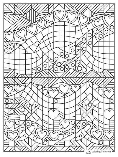 Intricate geometric preppy pattern with hearts, plaid ribbons, dots, stripes, and quilt-like blocks.