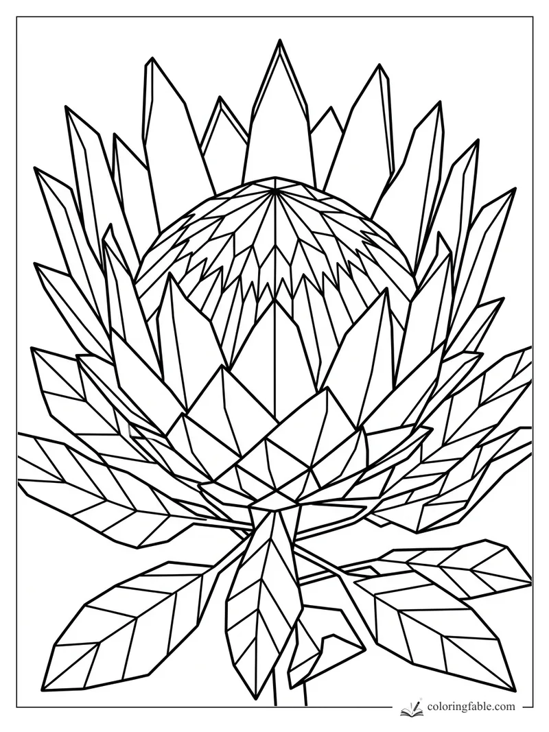 Intricate geometric protea flower with pointed petals, angular leaves, and a faceted center