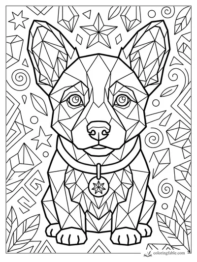 Geometric puppy coloring page with huge crystal-pattern ears, star collar tag, leaves, gems, and spirals.