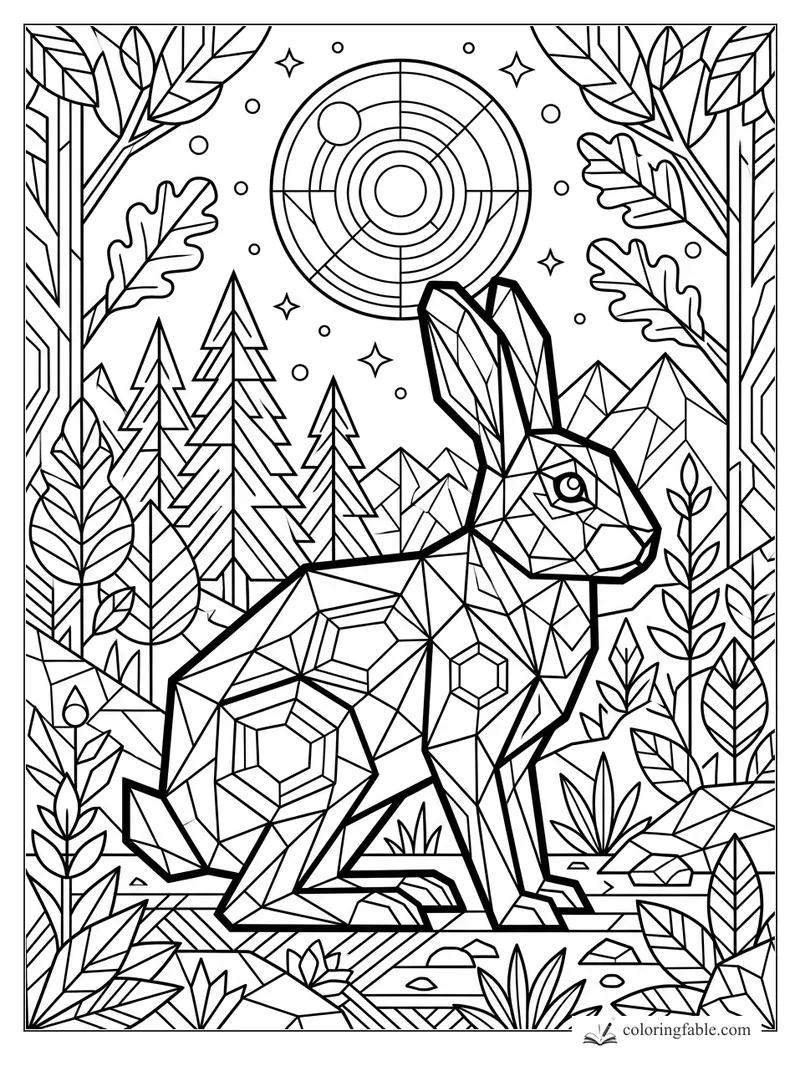 Intricate geometric rabbit in a forest with pine trees, leafy borders, crystals, stars, and a circular moon dial.