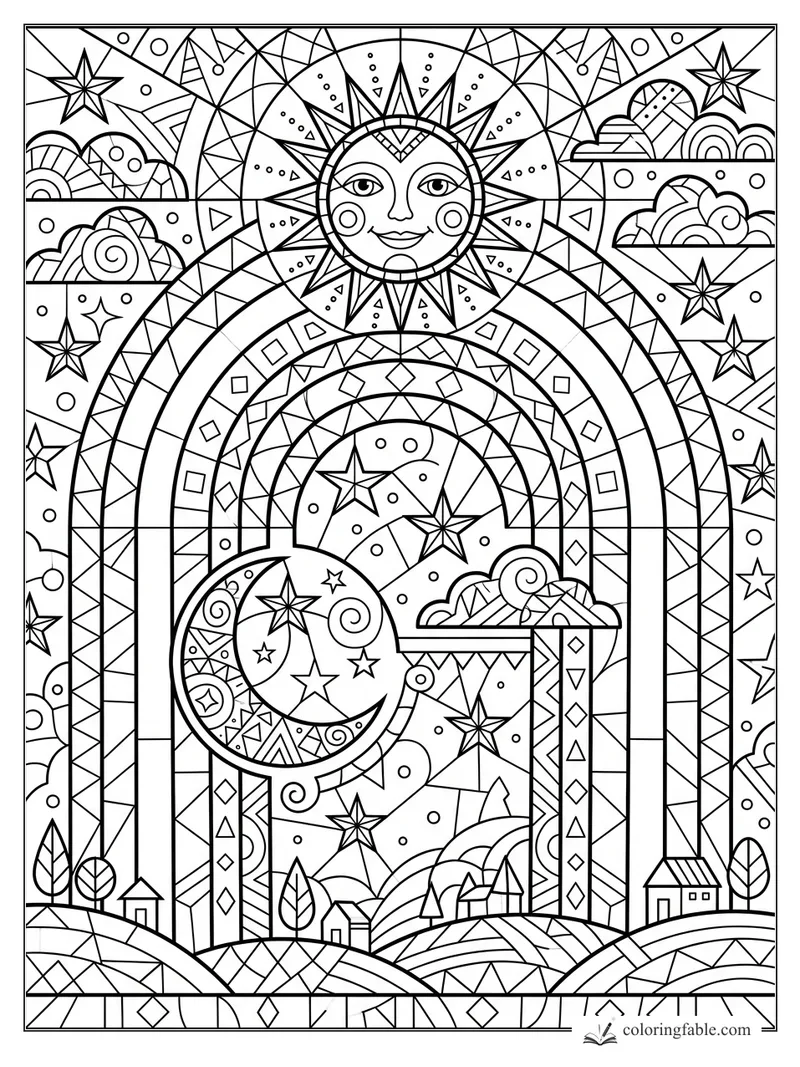 Intricate geometric rainbow arch with smiling sun, crescent moon, stars, clouds, hills, and tiny houses