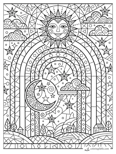 Intricate geometric rainbow arch with smiling sun, crescent moon, stars, clouds, hills, and tiny houses