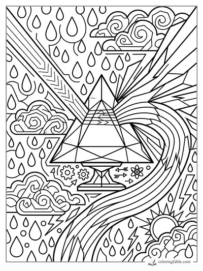 Geometric rainbow prism with rain drops, spiral clouds, lightning bolts, gears, arrows, and sun