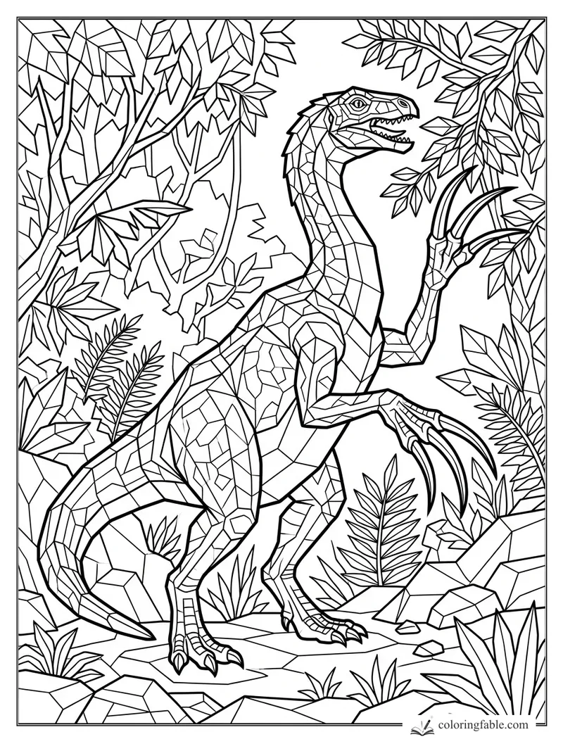 Intricate geometric raptor with raised claws among jungle leaves, ferns, rocks, and vines.