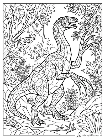 Intricate geometric raptor with raised claws among jungle leaves, ferns, rocks, and vines.
