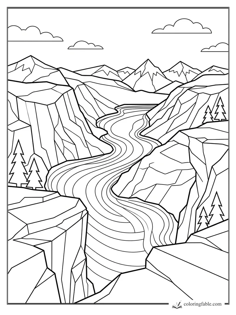 Geometric canyon landscape coloring page with winding river, jagged cliffs, pine trees, mountains, and clouds.