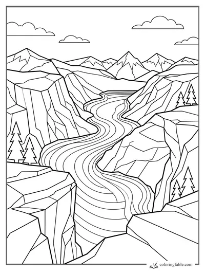 Geometric canyon landscape coloring page with winding river, jagged cliffs, pine trees, mountains, and clouds.