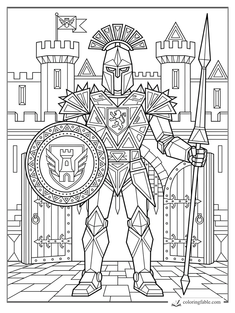 Geometric robot knight with spear and shield standing before an open castle gate