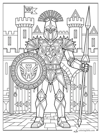 Geometric robot knight with spear and shield standing before an open castle gate