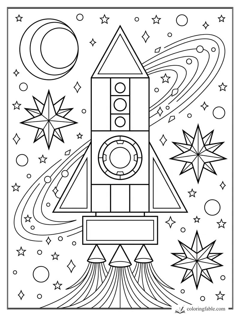 Geometric rocket with triangle nose, ringed planets, starbursts, and curved space trails