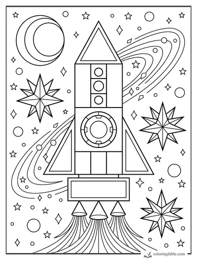 Geometric rocket with triangle nose, ringed planets, starbursts, and curved space trails