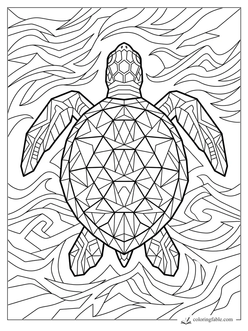 Geometric sea turtle with a patterned shell swimming through swirling ocean currents