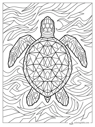 Geometric sea turtle with a patterned shell swimming through swirling ocean currents