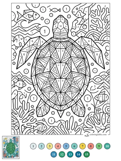 Geometric Sea Turtle Over a Busy Reef — color by number
