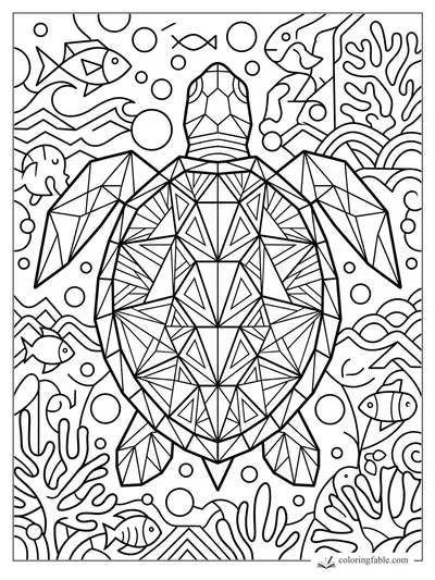 Geometric sea turtle with patterned shell, fish, bubbles, waves, and coral reef details
