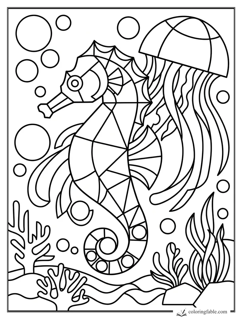 Geometric seahorse coloring page with bubbles, coral, seaweed, and a striped jellyfish.