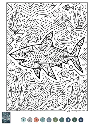 Geometric Shark in a Maze of Waves — color by number
